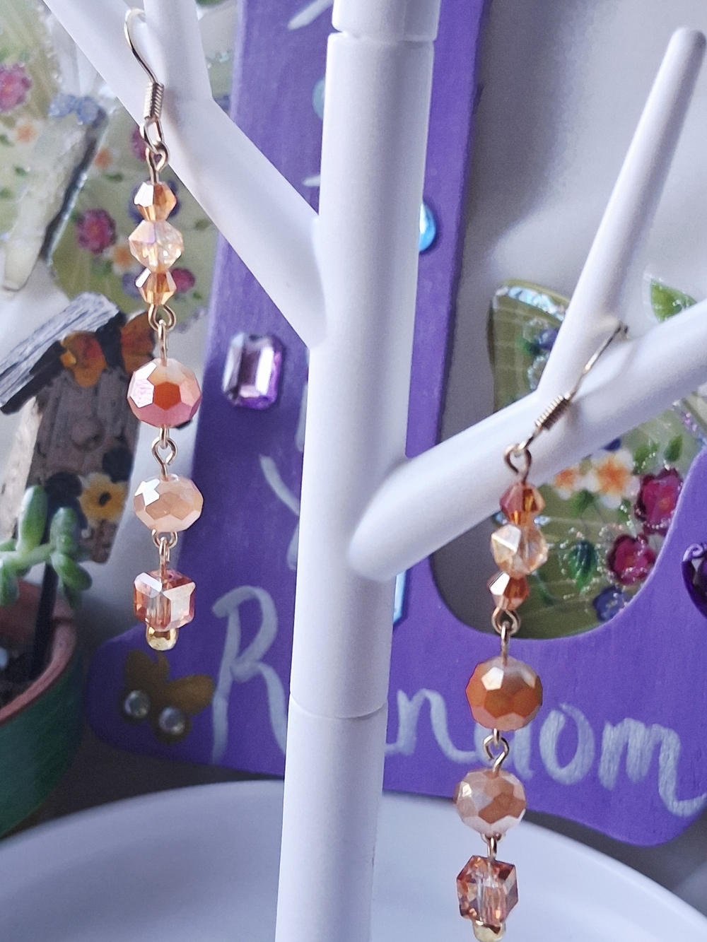 Gold-Tone Peach Beaded Drop Earrings - Elegant Women Jewelry